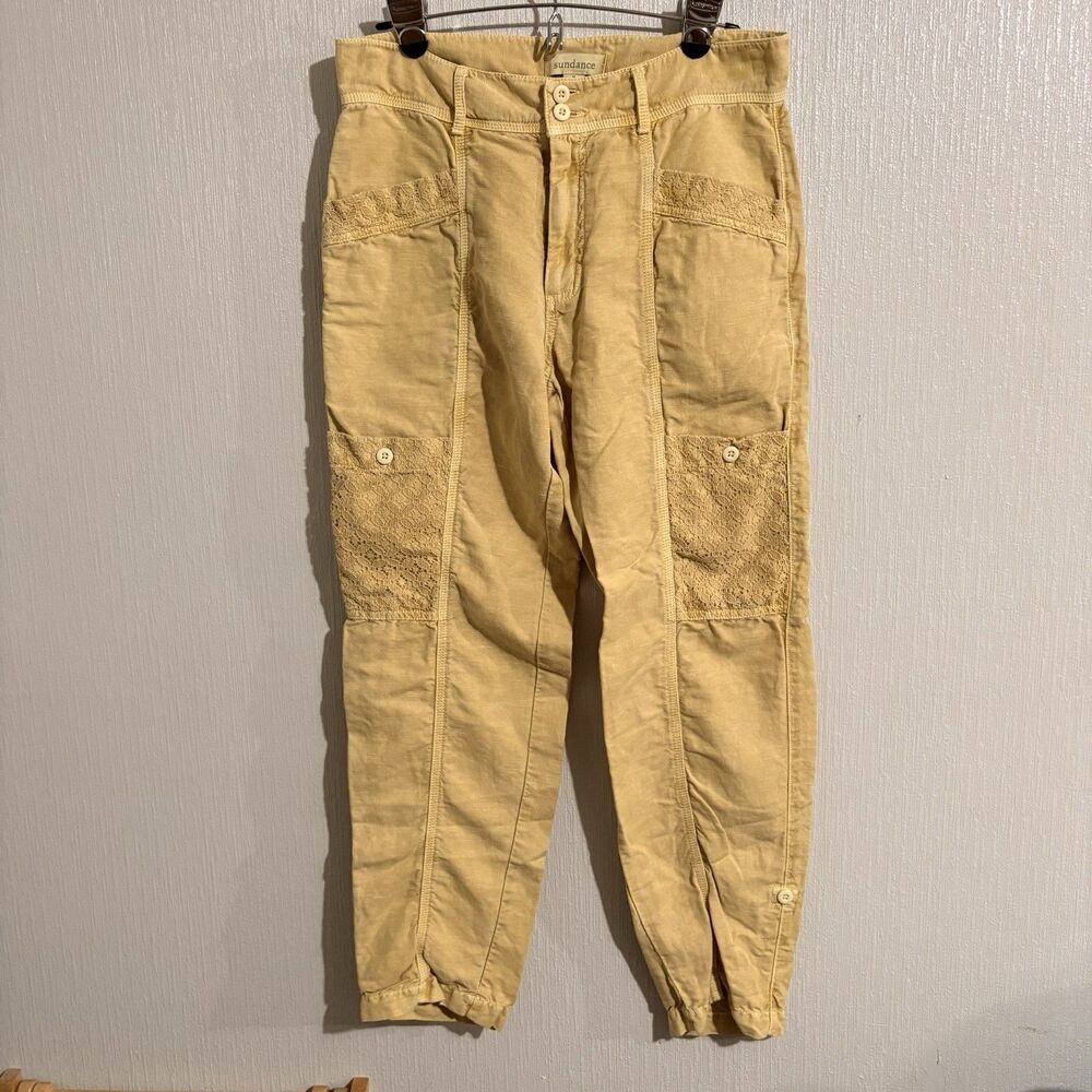 Sundance Linen Cotton Blend Pants Lace Adjustable Boho Spring Yellow Women's 8